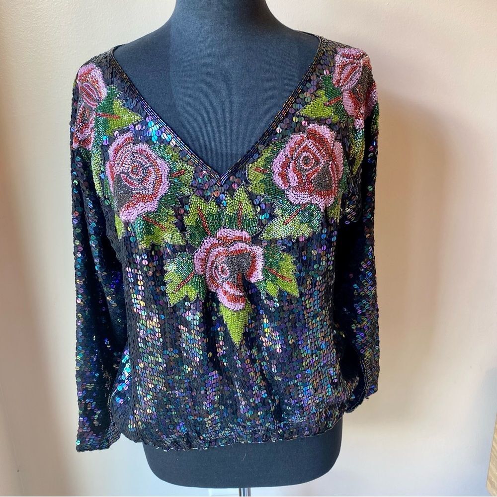 ANN GREEN Sequined Blouse Floral Rose Silk Top Black Pink Green Vintage Beaded
